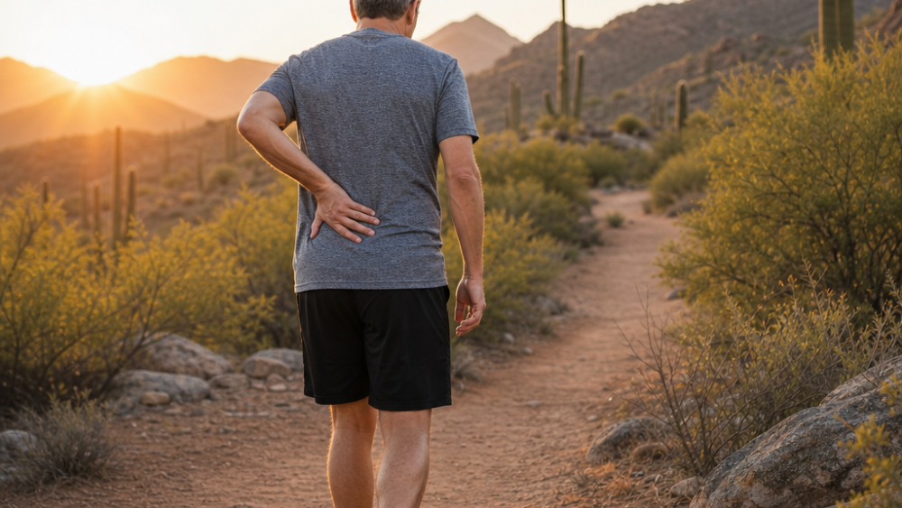 Adult with lingering back pain walking on a Scottsdale desert path